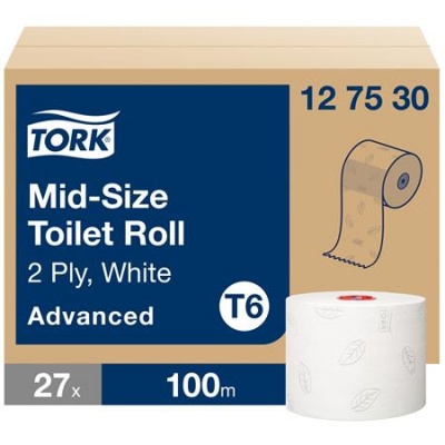 Toalettpapír, T6 rendszer, 2 rétegű, 13,2 cm átmérő, Advanced, TORK "Mid-size", fehér