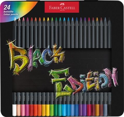 Színes ceruza készlet, háromszögletű, fémdobozban, FABER-CASTELL "Black Edition",  24 különböző szín