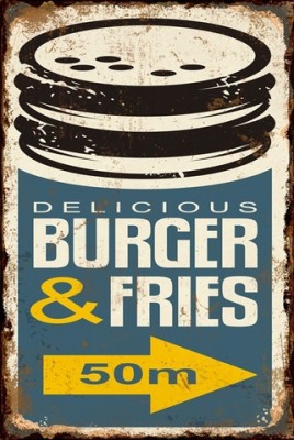 Retro dekor fémtábla, BURGER &amp; FRIES, Méret:20x30cm